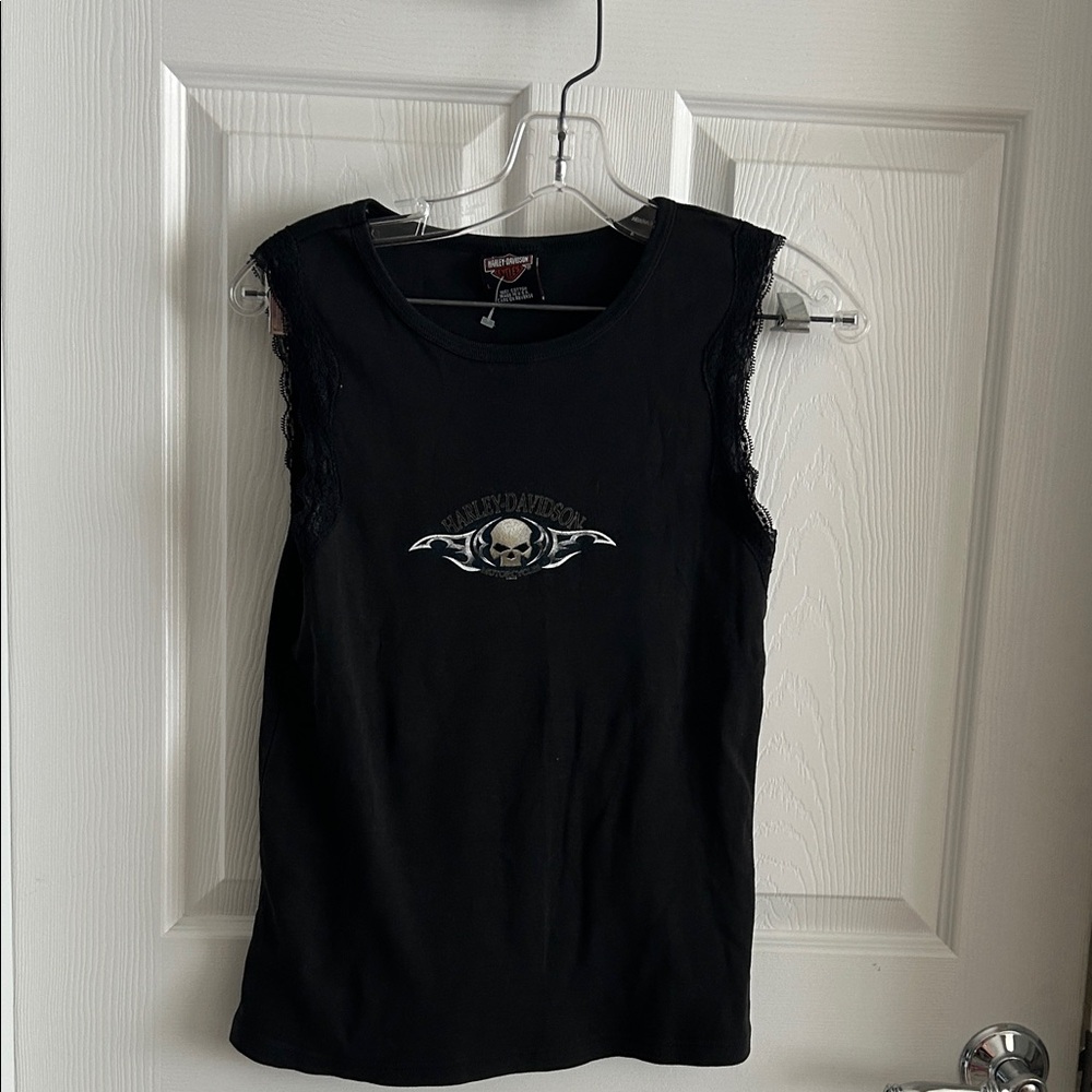 Harley-Davidson Black Tank Top with Skull Logo and lace cap sleeves